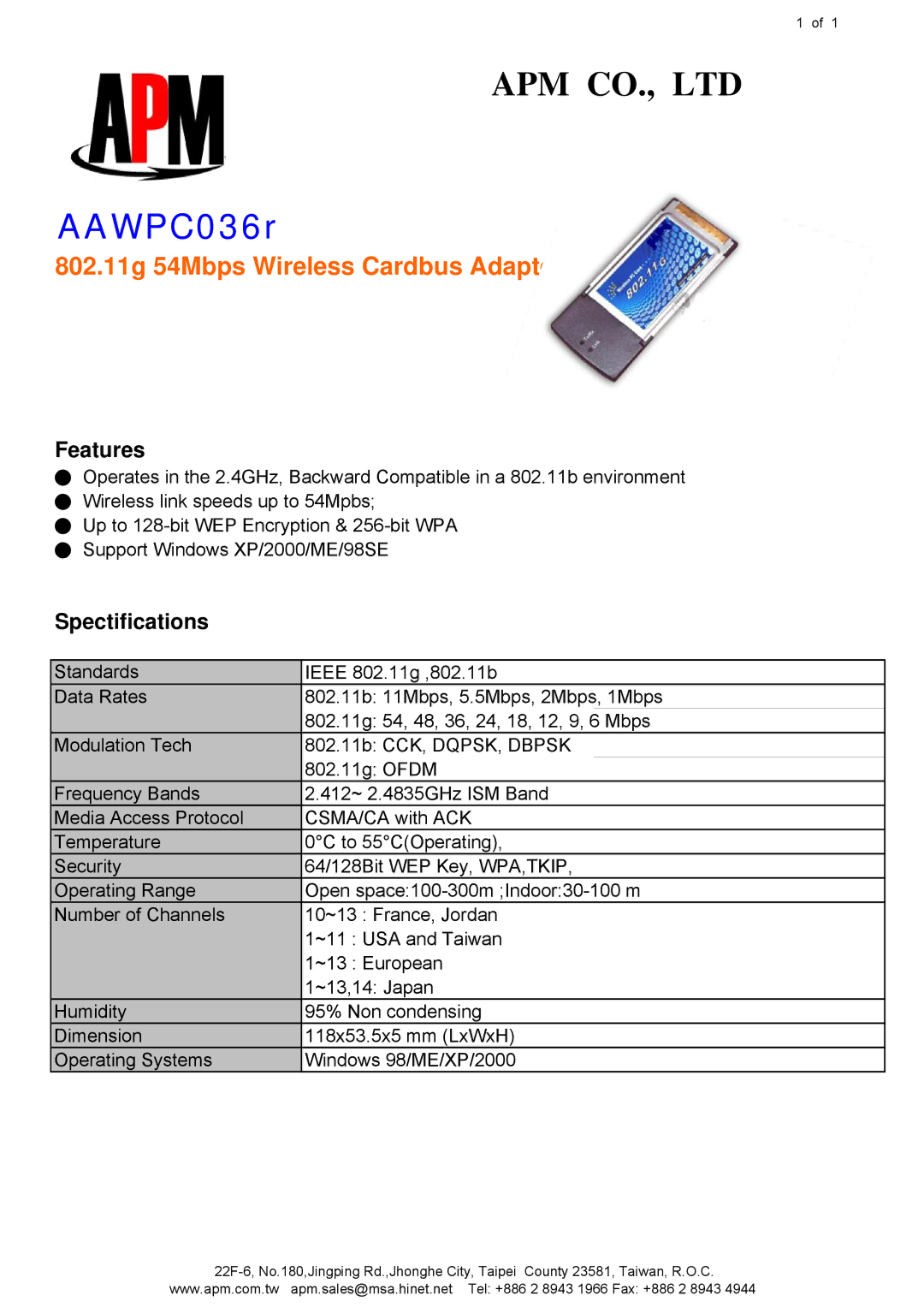 APM AAWPC036r manual 802.11g 54Mbps Wireless Cardbus Adapter, Features, Spectifications 