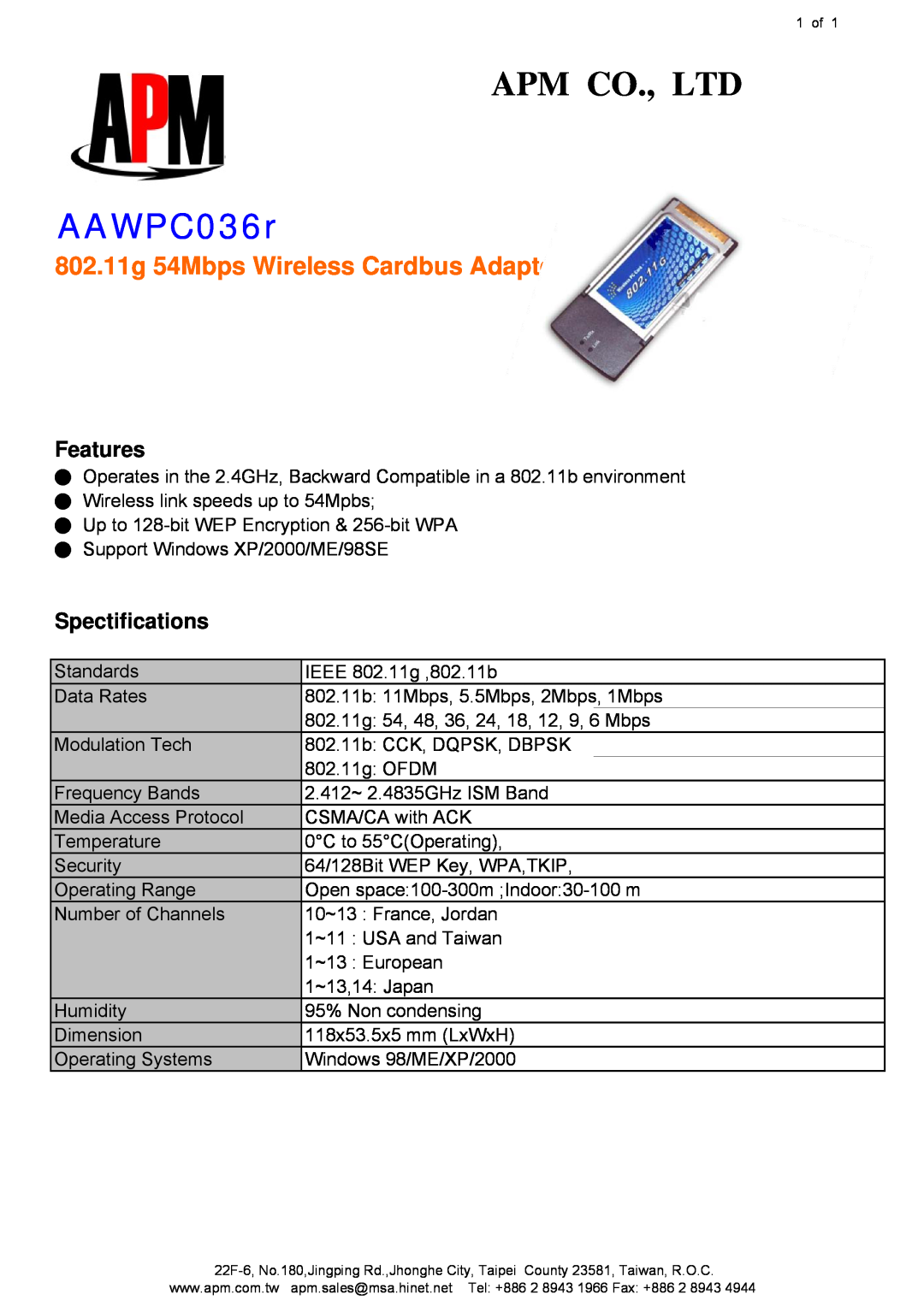 APM AAWPC036r manual 802.11g 54Mbps Wireless Cardbus Adapter, Features, Spectifications 