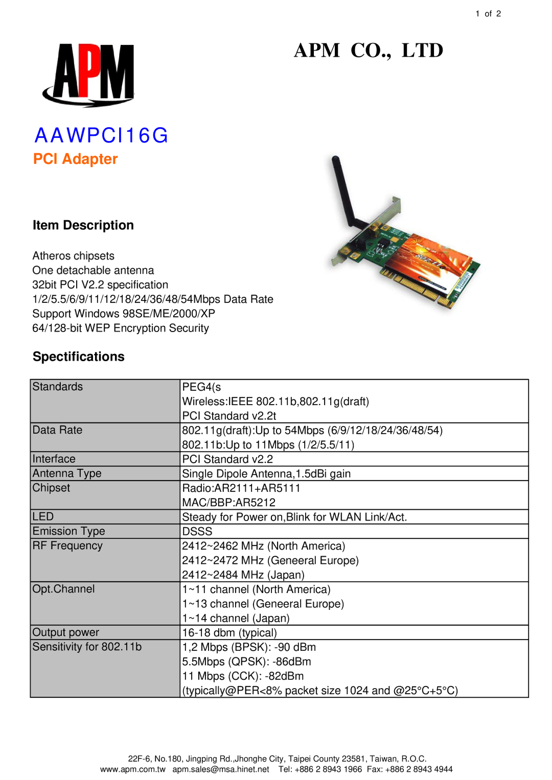 APM AAWPCI16G manual PCI Adapter, Item Description, Spectifications 