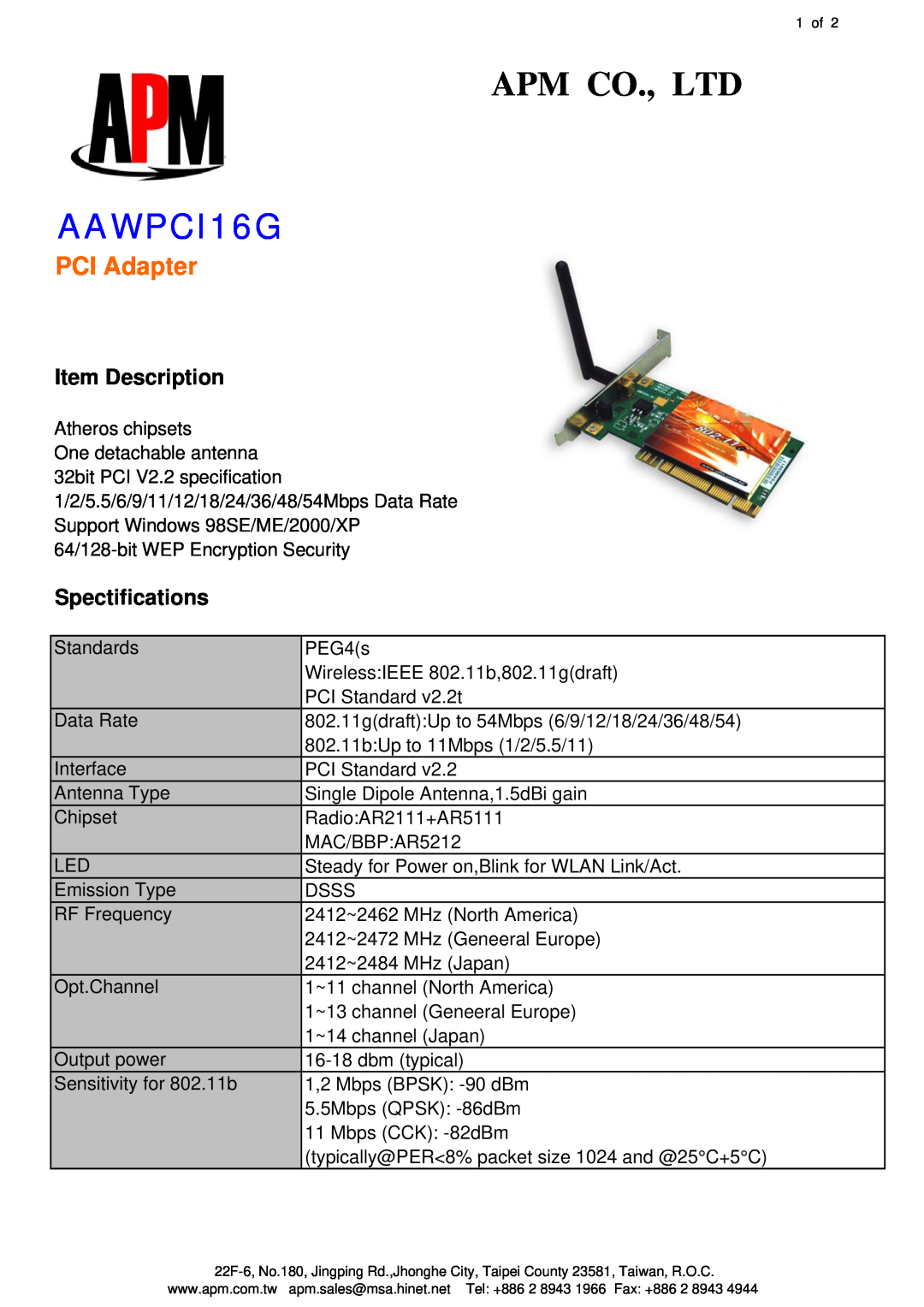 APM AAWPCI16G manual PCI Adapter, Item Description, Spectifications 