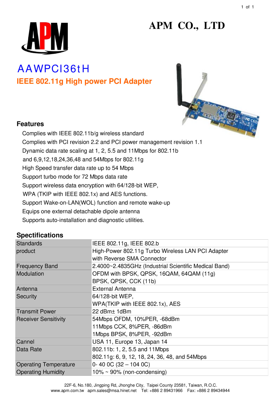 APM AAWPCI36tH manual Ieee 802.11g High power PCI Adapter, Features, Spectifications 