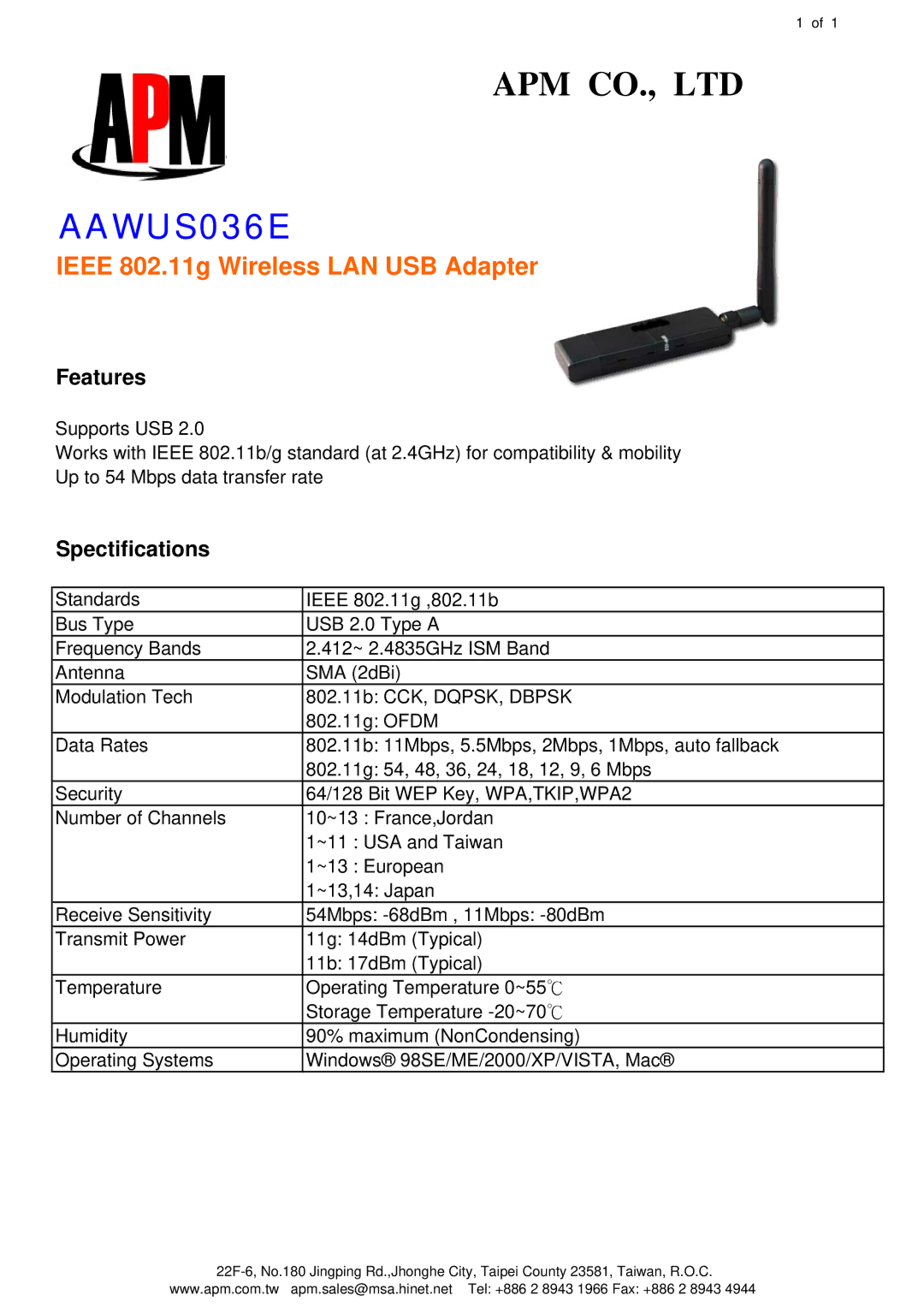 APM AAWUS036E manual Ieee 802.11g Wireless LAN USB Adapter, Features, Spectifications 