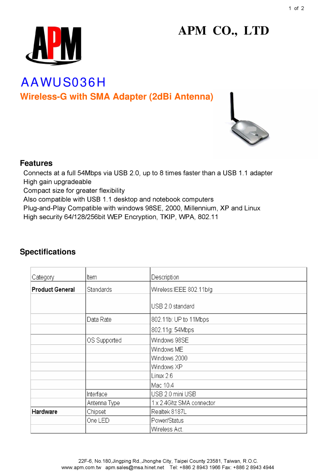 APM AAWUS036H manual Wireless-G with SMA Adapter 2dBi Antenna, Features, Spectifications 