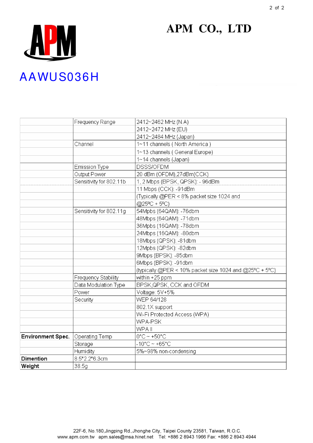 APM AAWUS036H manual 