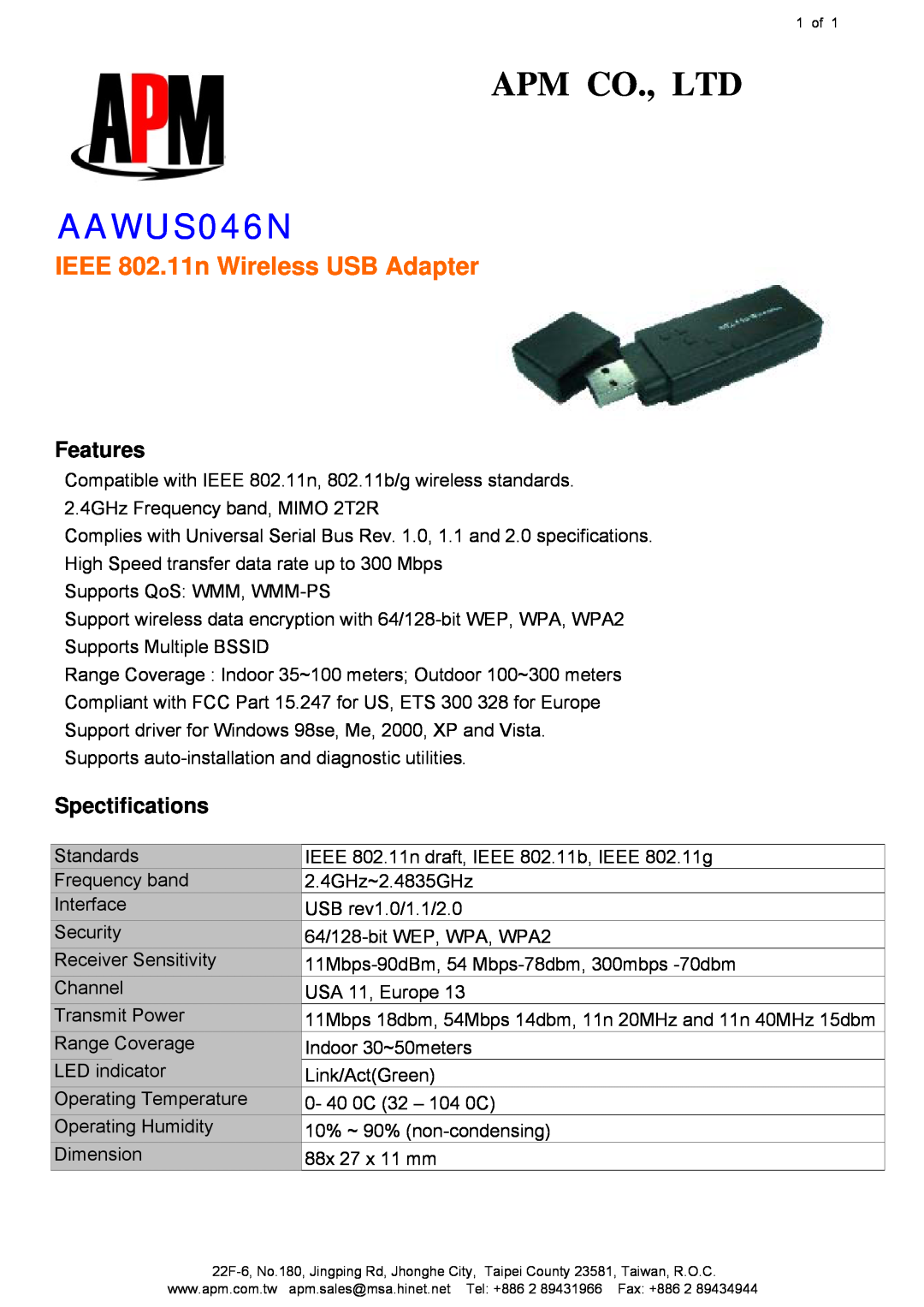 APM AAWUS046N specifications IEEE 802.11n Wireless USB Adapter, Features, Spectifications 