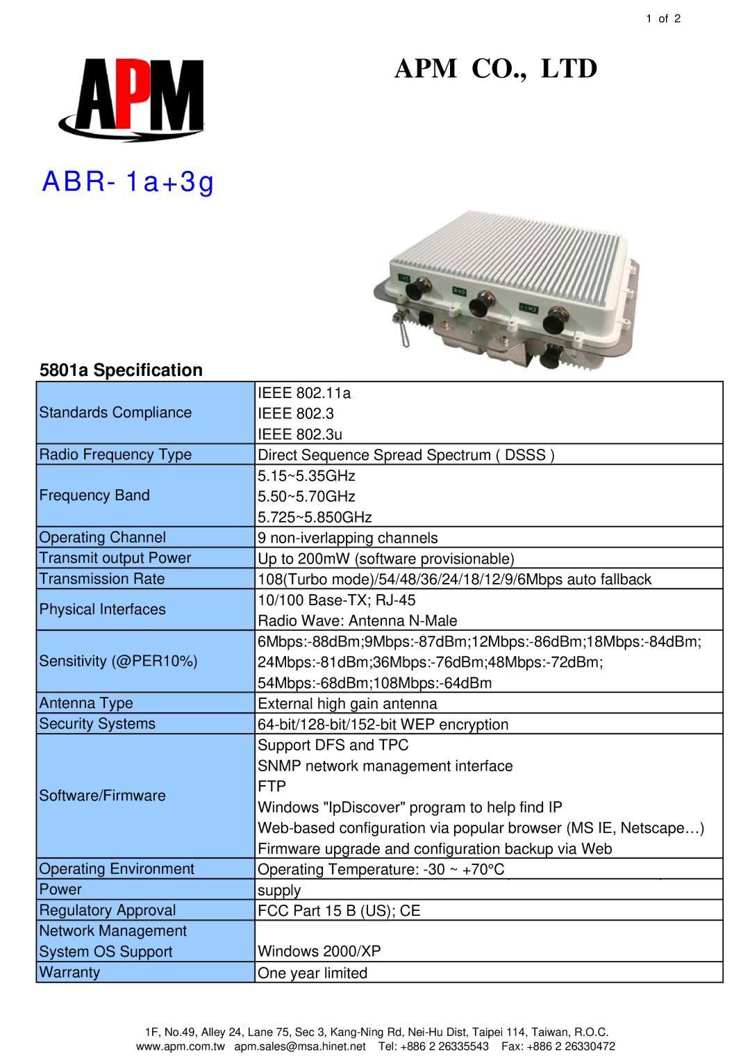 APM ABR-1A+3G warranty ABR- 1a+3g, 5801a Specification, Ftp 