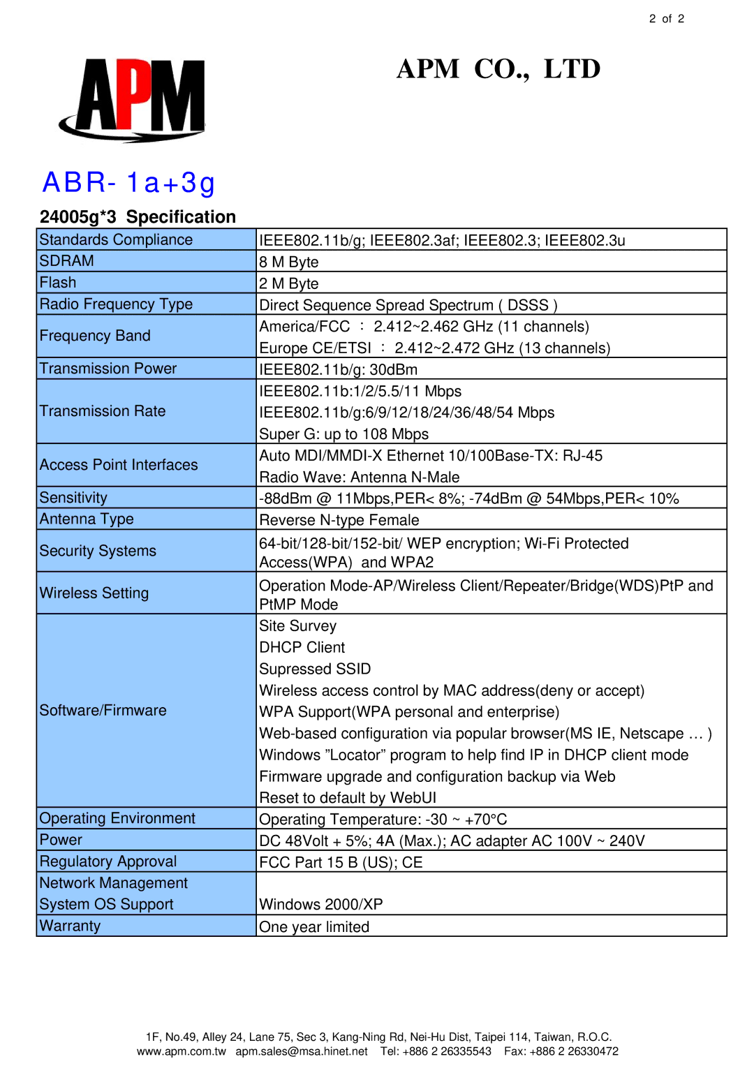 APM ABR-1A+3G warranty 24005g*3 Specification, Sdram 