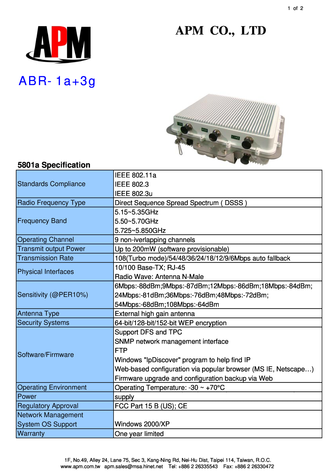 APM ABR-1A+3G warranty ABR- 1a+3g, 5801a Specification 