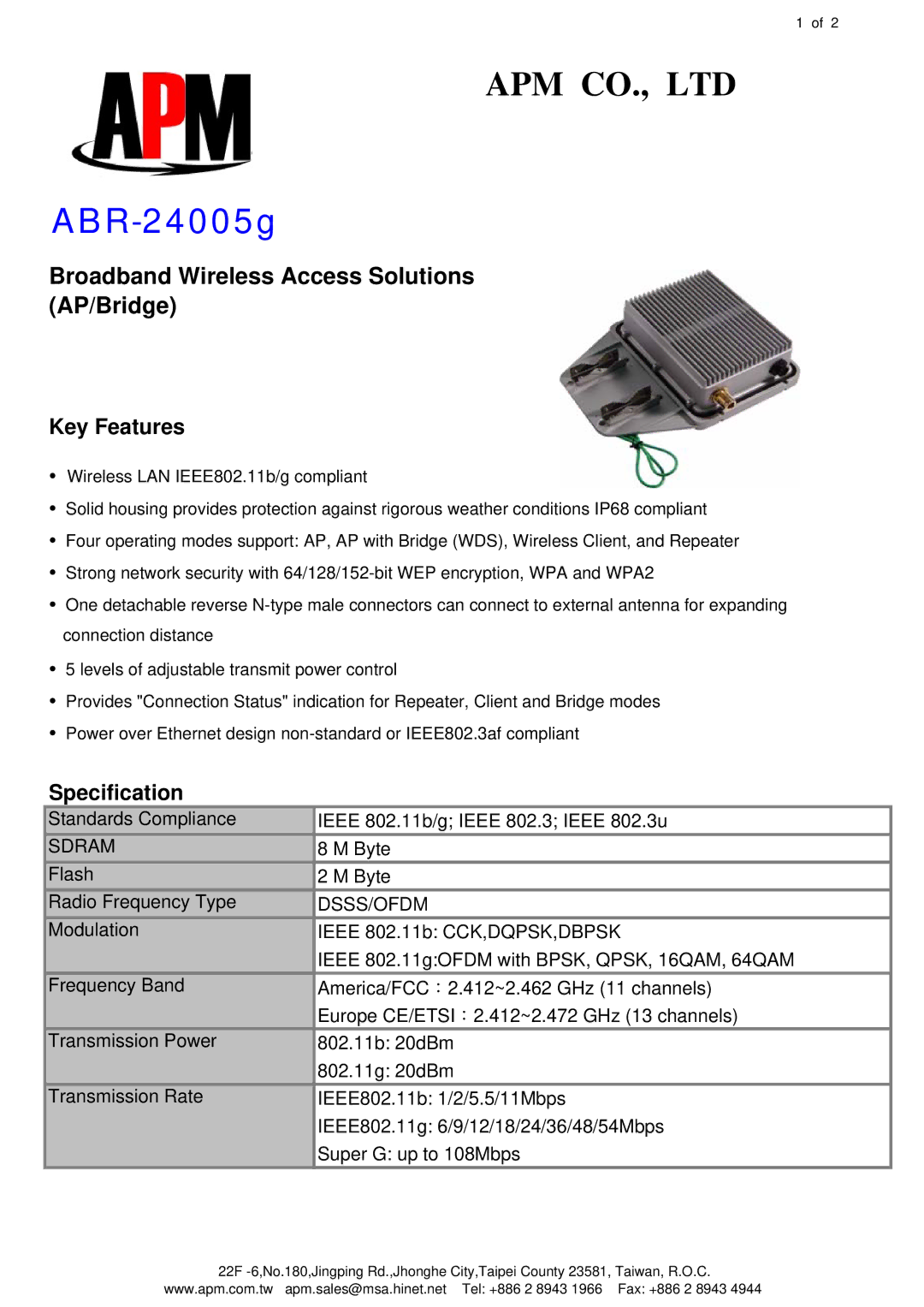 APM ABR-24005g specifications Broadband Wireless Access Solutions AP/Bridge, Key Features, Specification 