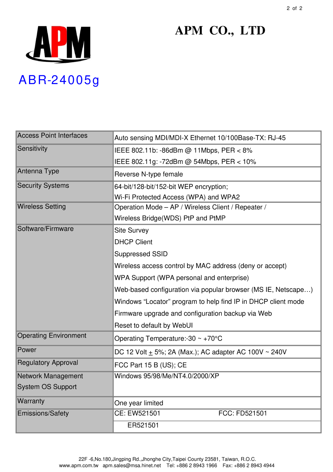 APM ABR-24005g specifications 