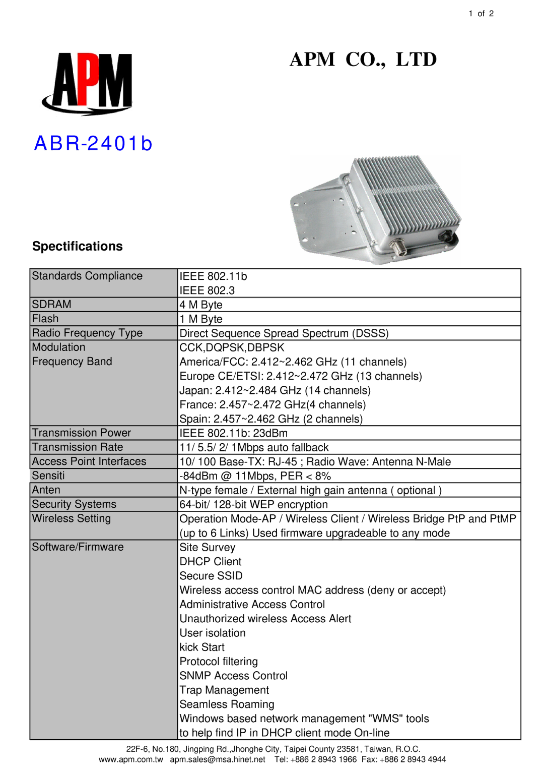 APM ABR-2401b manual Spectifications, Sdram, Cck,Dqpsk,Dbpsk 