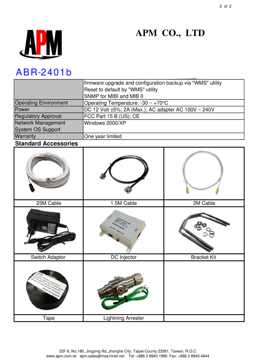 APM ABR-2401b manual Standard Accessories 