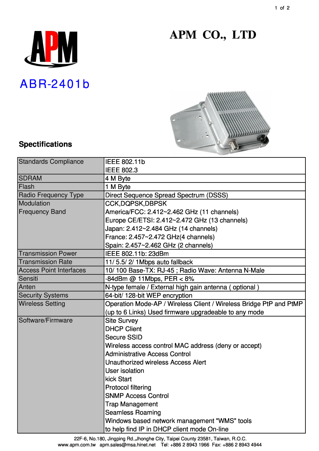APM ABR-2401b manual Spectifications 
