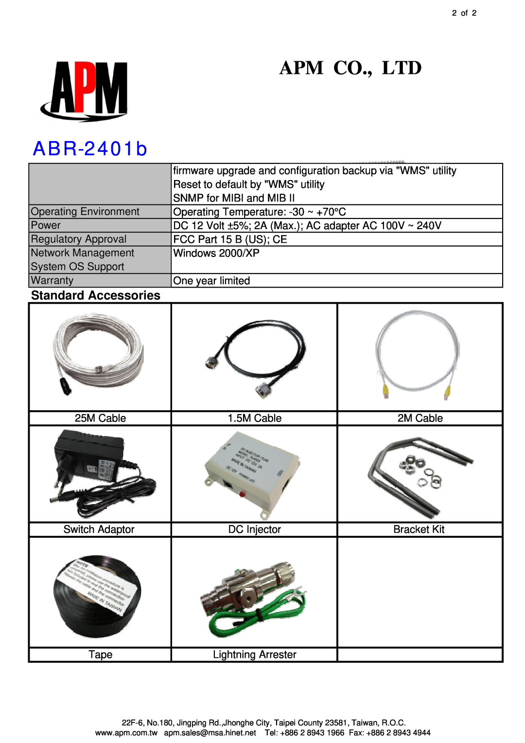 APM ABR-2401b manual Standard Accessories 