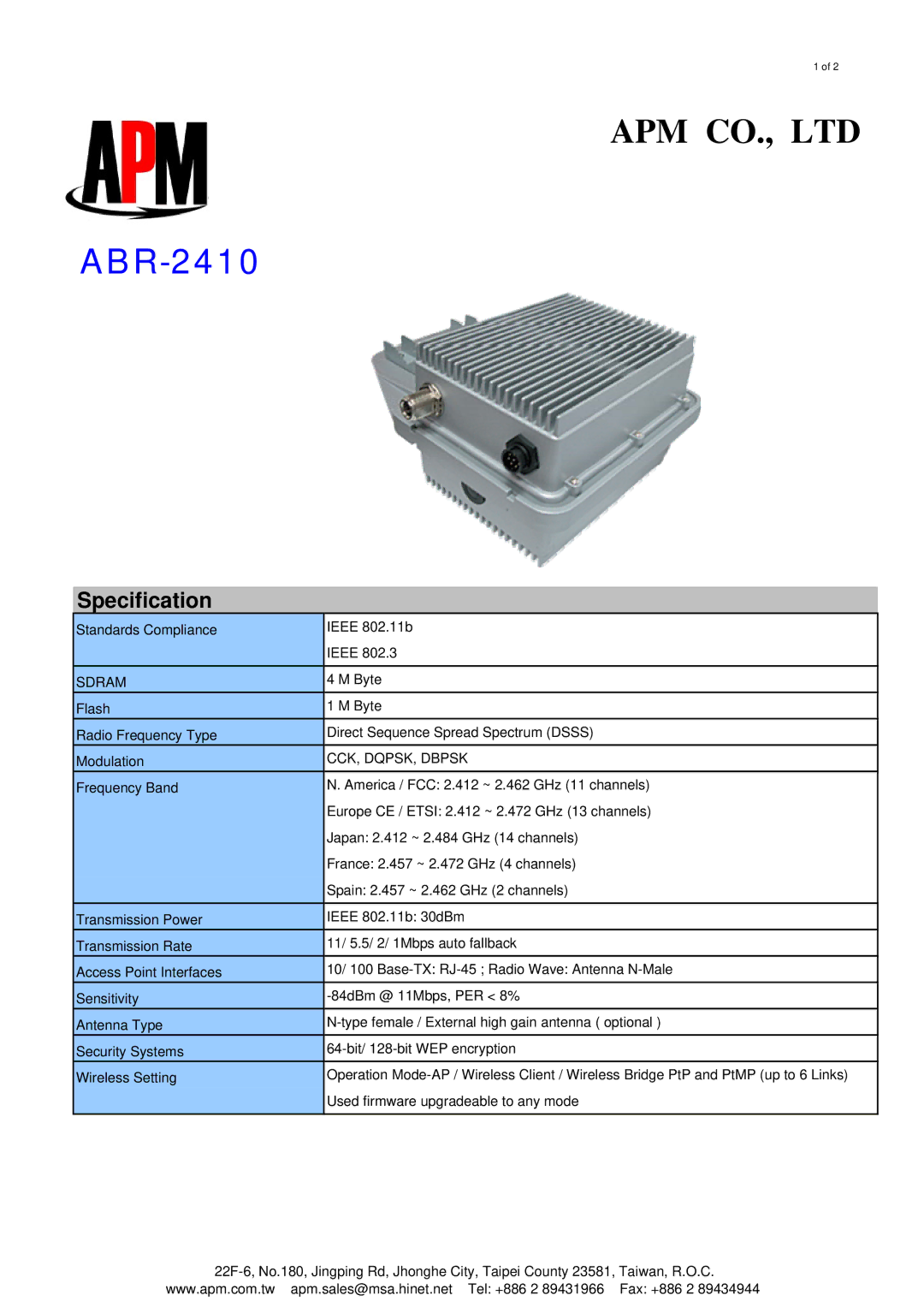 APM ABR-2410 specifications Specification, Sdram, CCK, DQPSK, Dbpsk 