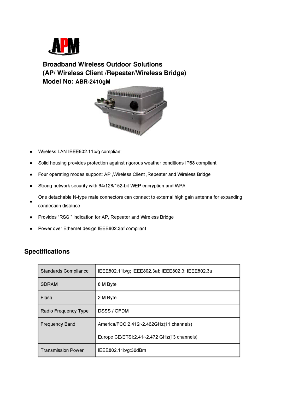 APM ABR-2410gM manual Spectifications, Sdram, Dsss / Ofdm 