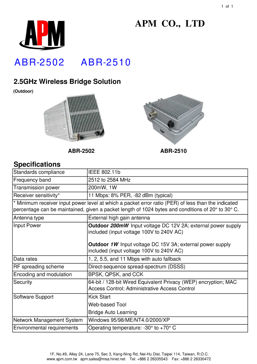 APM specifications ABR-2502 ABR-2510, 5GHz Wireless Bridge Solution, Specifications 