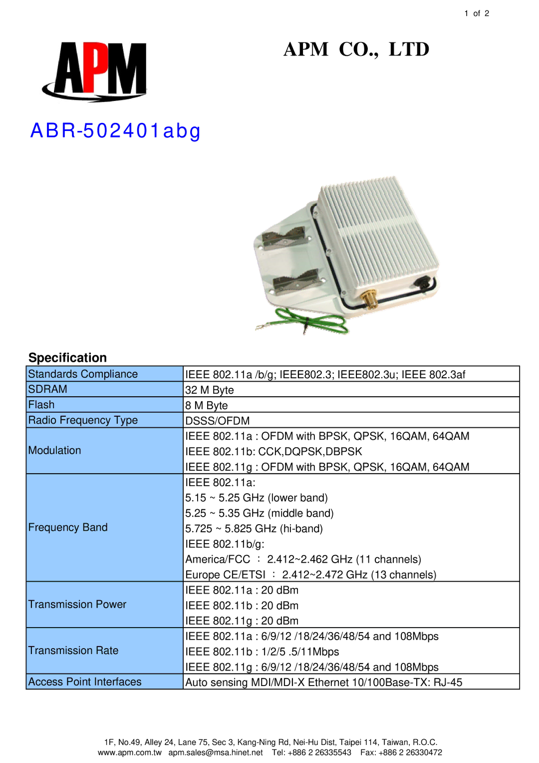 APM ABR-502401ABG manual ABR-502401abg, Specification, Sdram, Dsss/Ofdm 