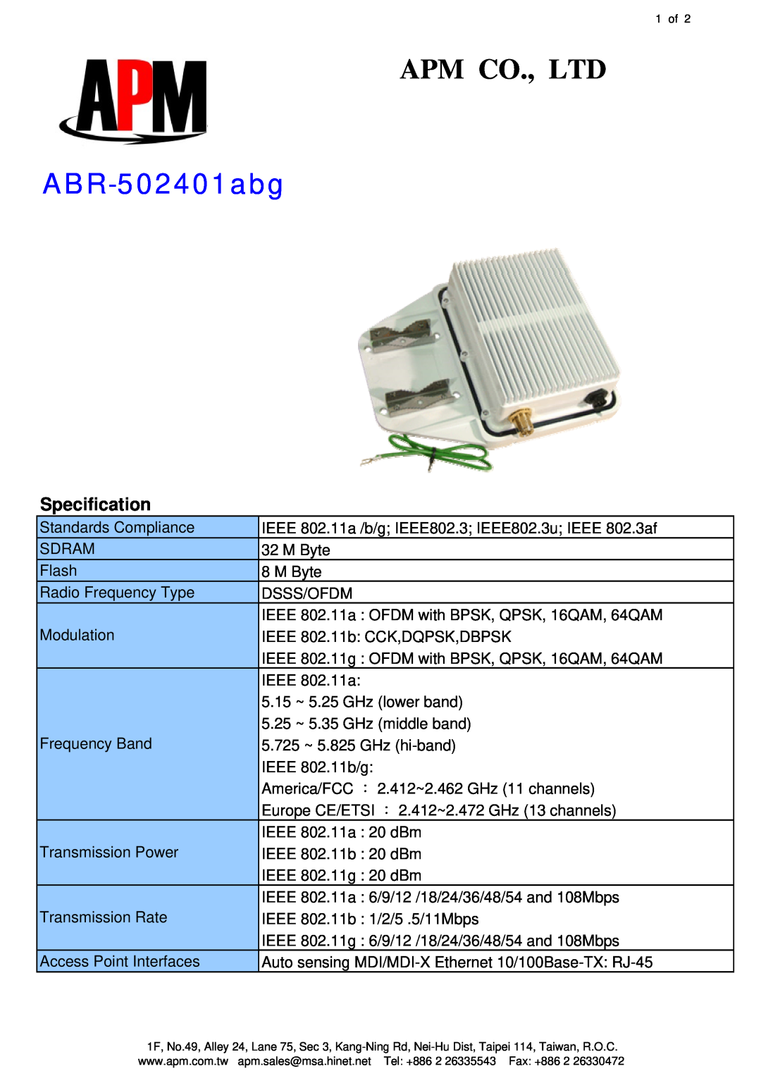 APM ABR-502401ABG manual ABR-502401abg, Specification 