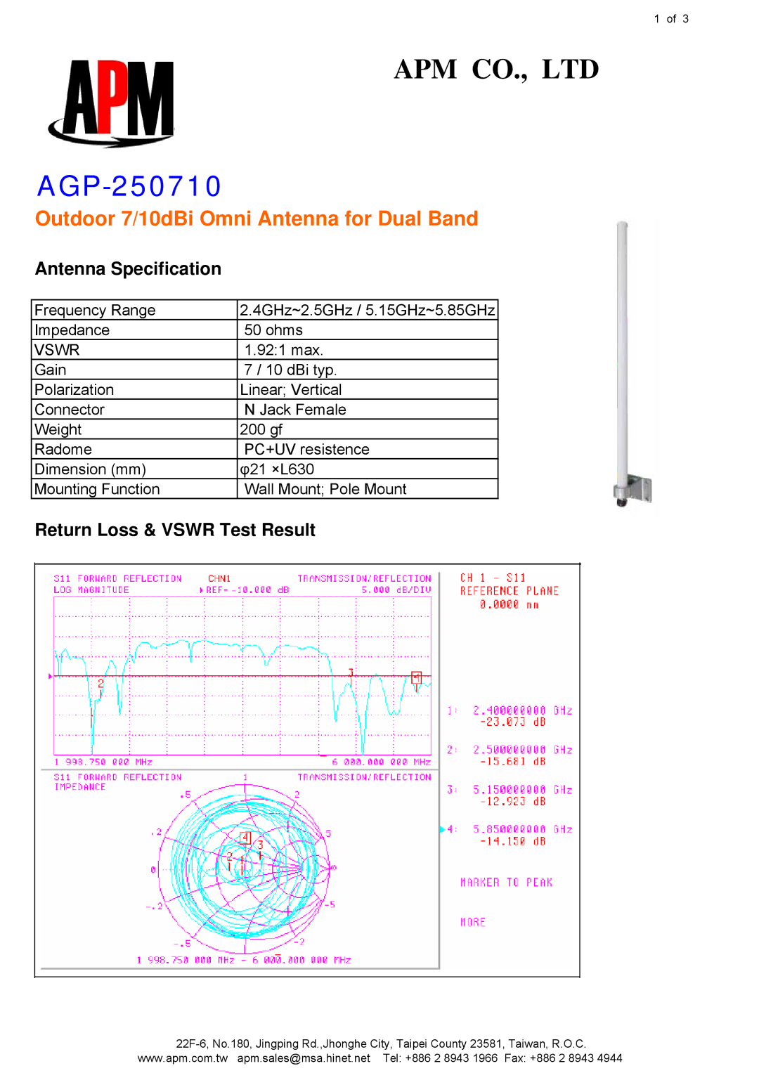 APM AGO-250710 manual AGP-250710, Outdoor 7/10dBi Omni Antenna for Dual Band, Antenna Specification, Vswr 