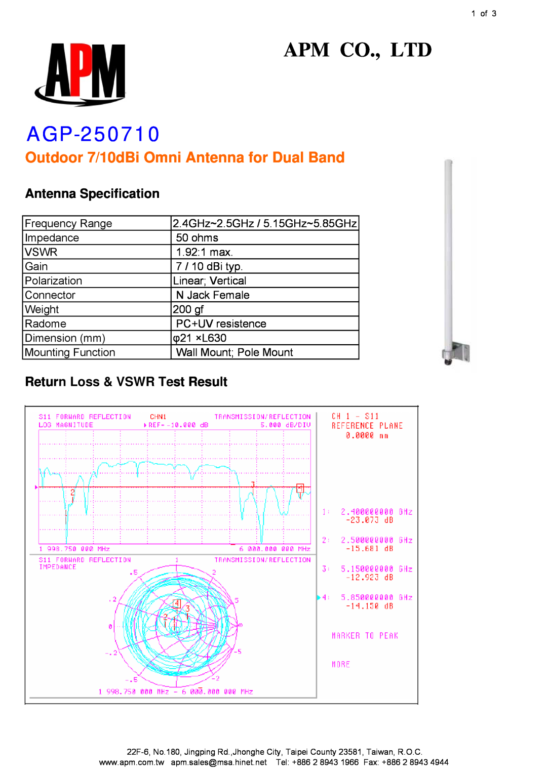 APM AGO-250710 manual AGP-250710, Antenna Specification, Return Loss & VSWR Test Result 