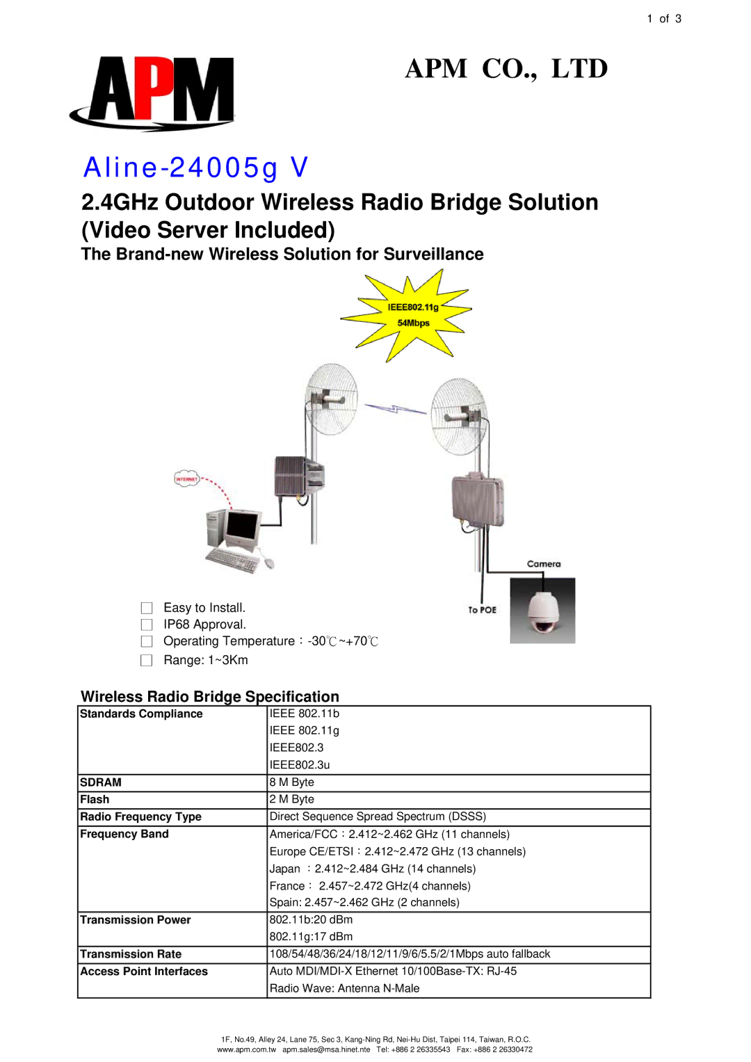 APM Aline-24005g V specifications Wireless Radio Bridge Specification 