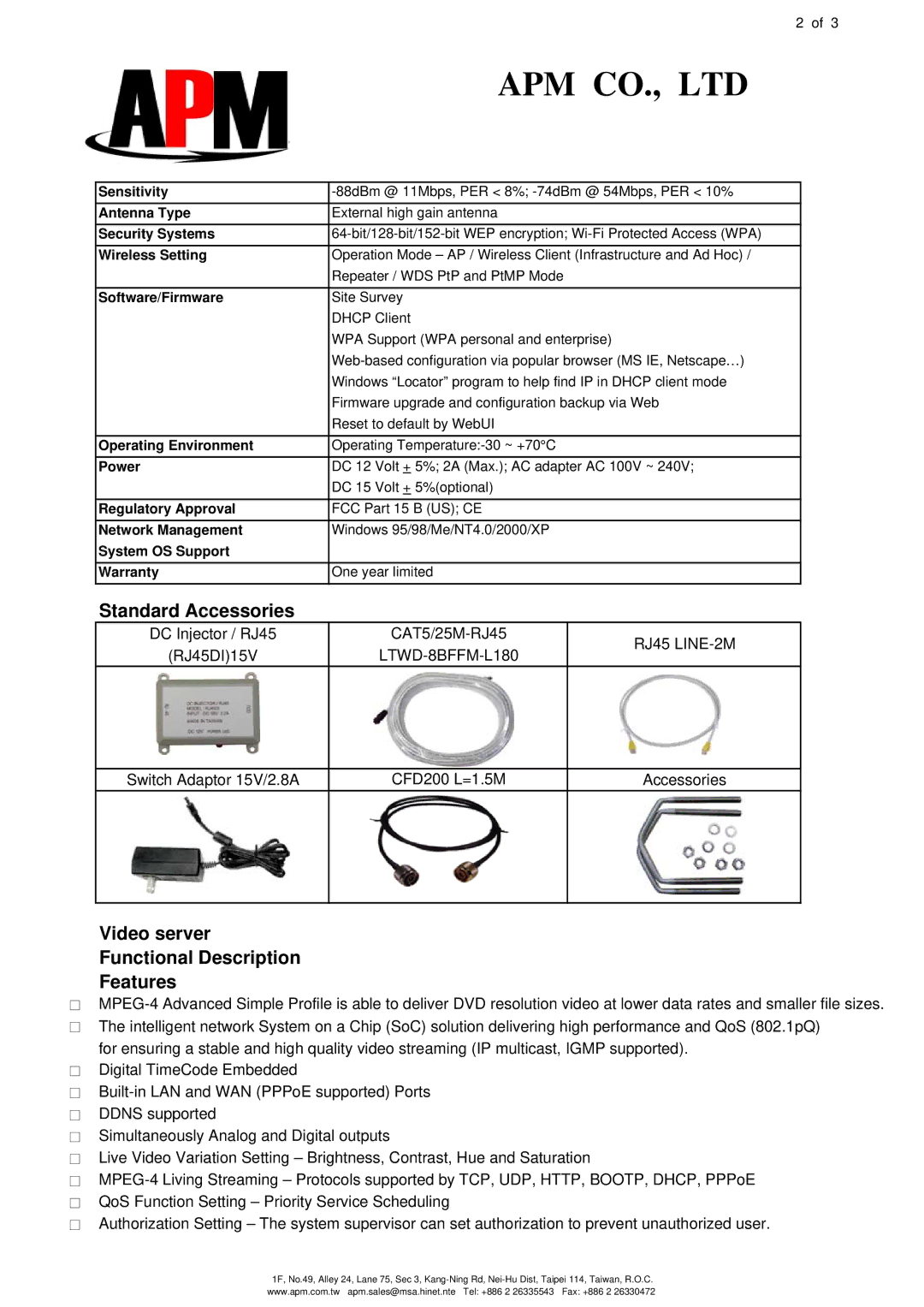 APM Aline-24005g V specifications Standard Accessories, Video server Functional Description Features 