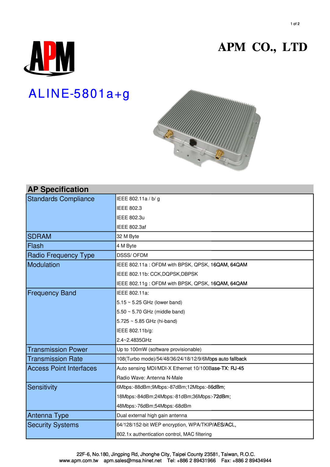 APM ALINE-5801A+G specifications AP Specification, ALINE-5801a+g 