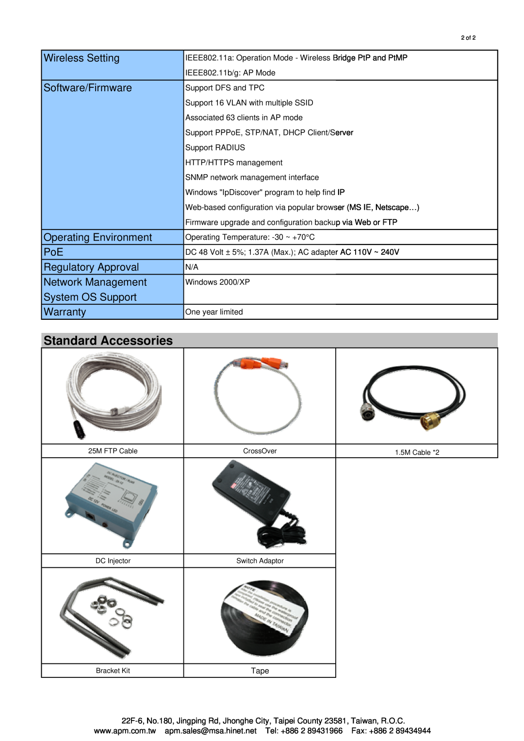 APM ALINE-5801A+G Standard Accessories, Wireless Setting, Software/Firmware, Operating Environment, Regulatory Approval 