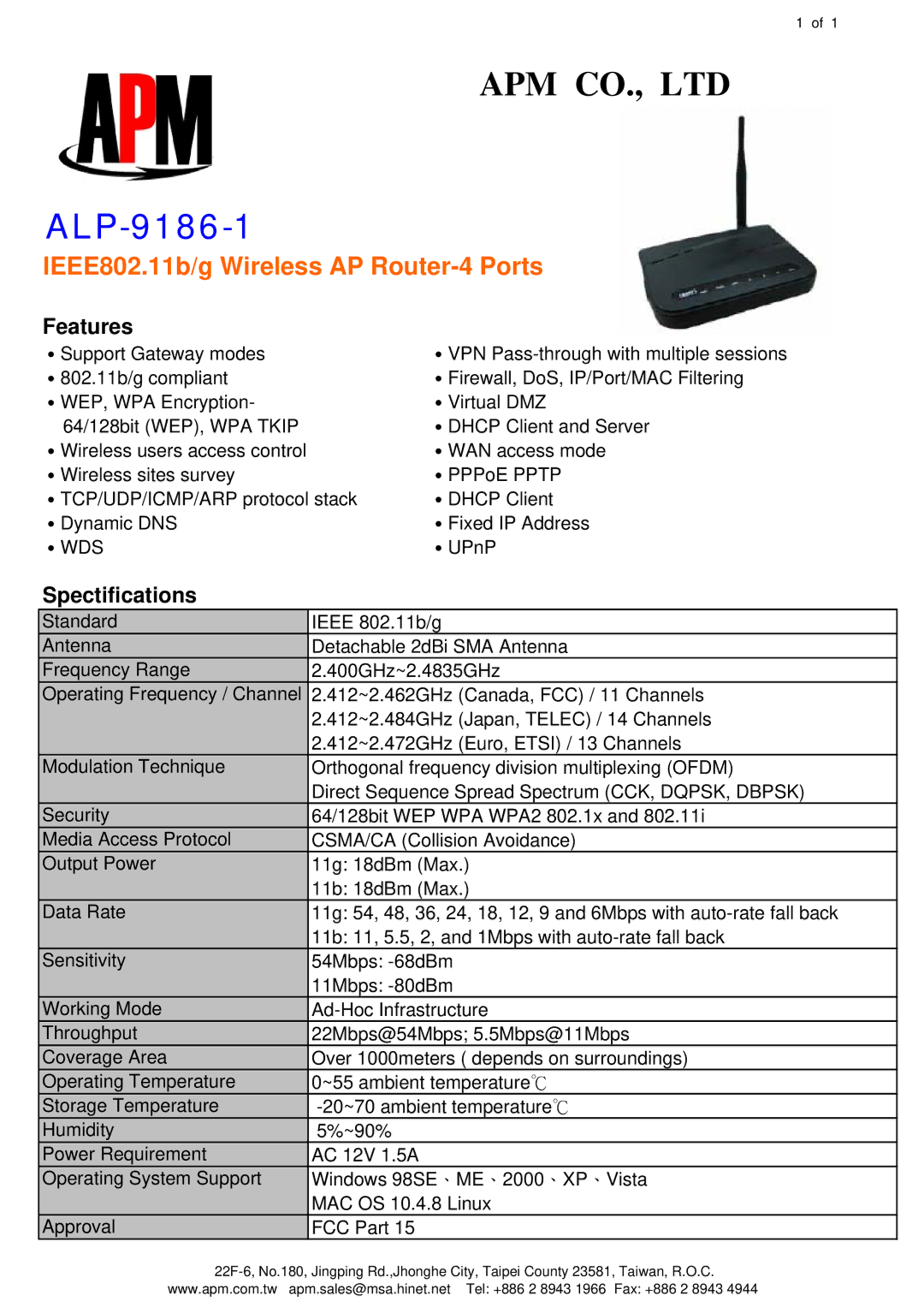 APM ALP-9186-1 manual IEEE802.11b/g Wireless AP Router-4 Ports, Features, Spectifications, ․Wds 