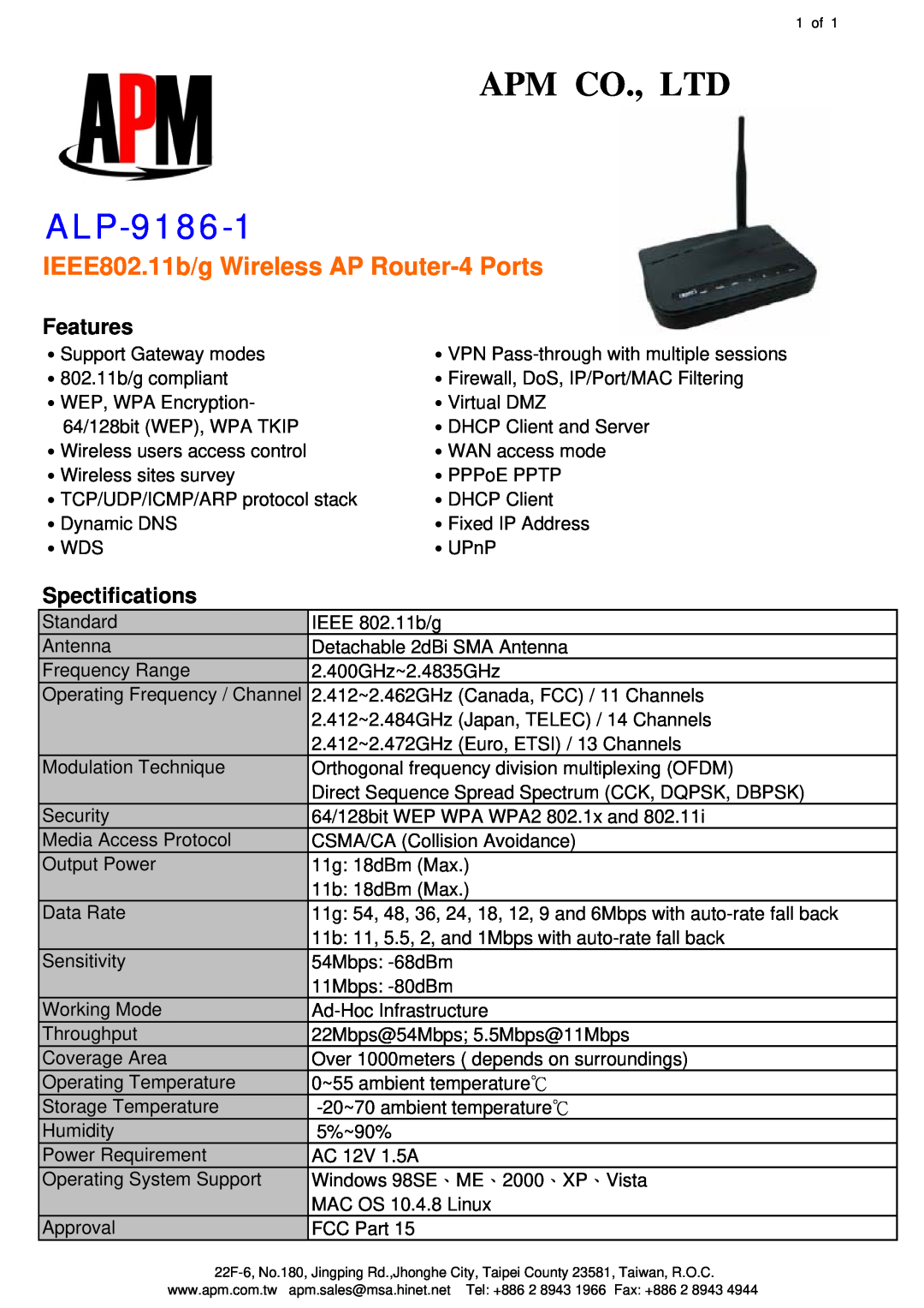 APM ALP-9186-1 manual IEEE802.11b/g Wireless AP Router-4 Ports, Features, Spectifications 
