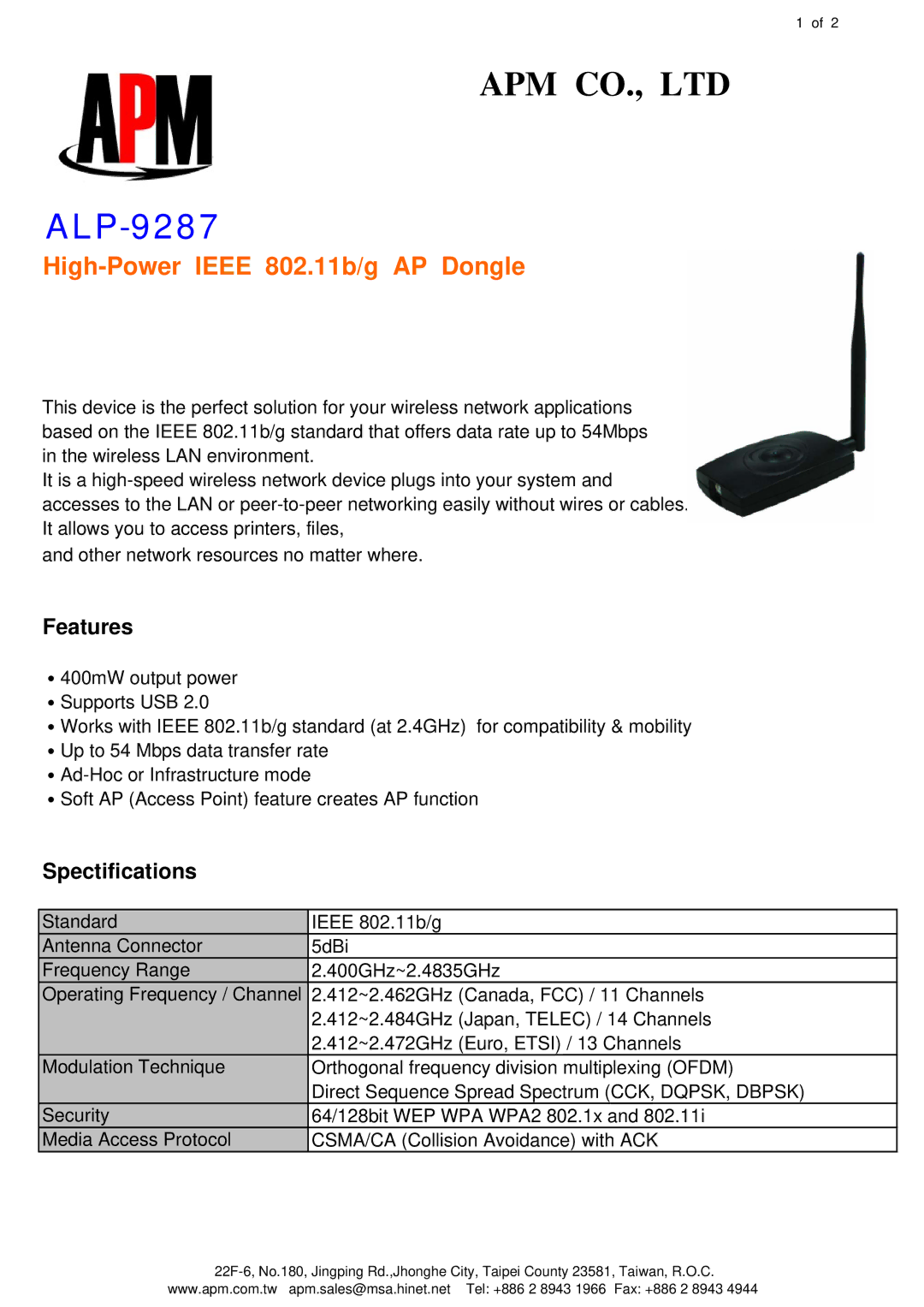 APM ALP-9287 manual High-Power Ieee 802.11b/g AP Dongle, Features, Spectifications 