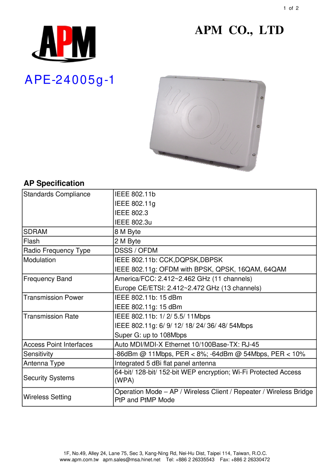 APM APE-24005g-1 specifications AP Specification, Sdram, Dsss / Ofdm, Wpa 