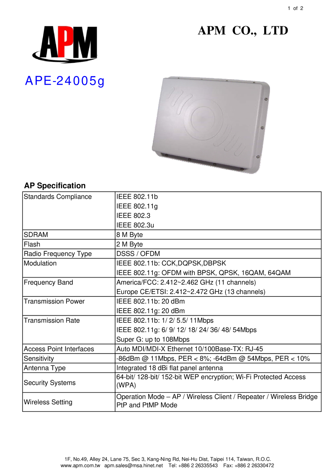 APM APE-24005g specifications AP Specification, Sdram, Dsss / Ofdm, Wpa 