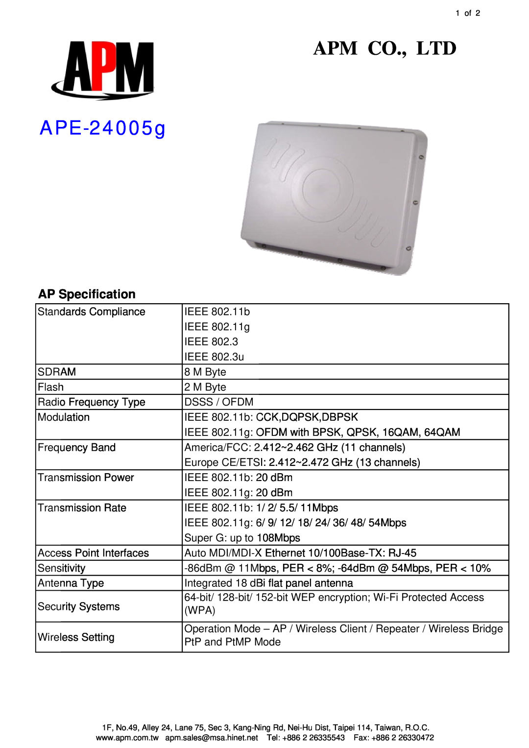 APM APE-24005g specifications AP Specification 