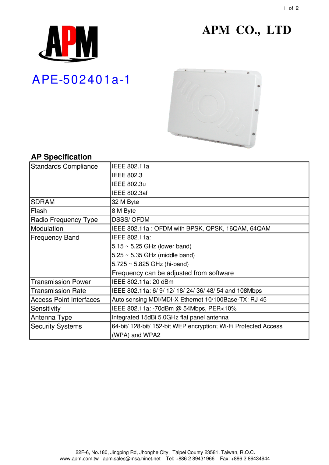 APM APE-502401a-1 specifications AP Specification, Sdram 