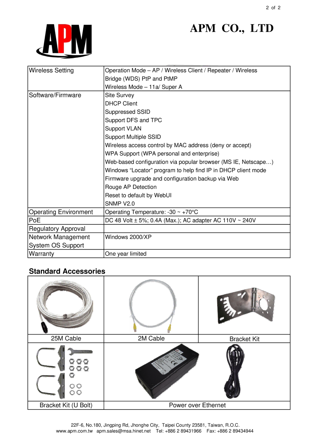 APM APE-502401a-1 specifications Standard Accessories 