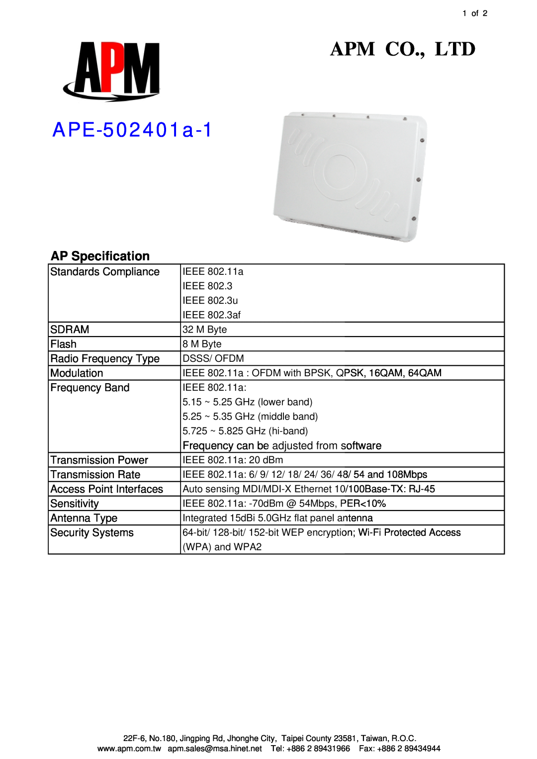 APM APE-502401a-1 specifications AP Specification 