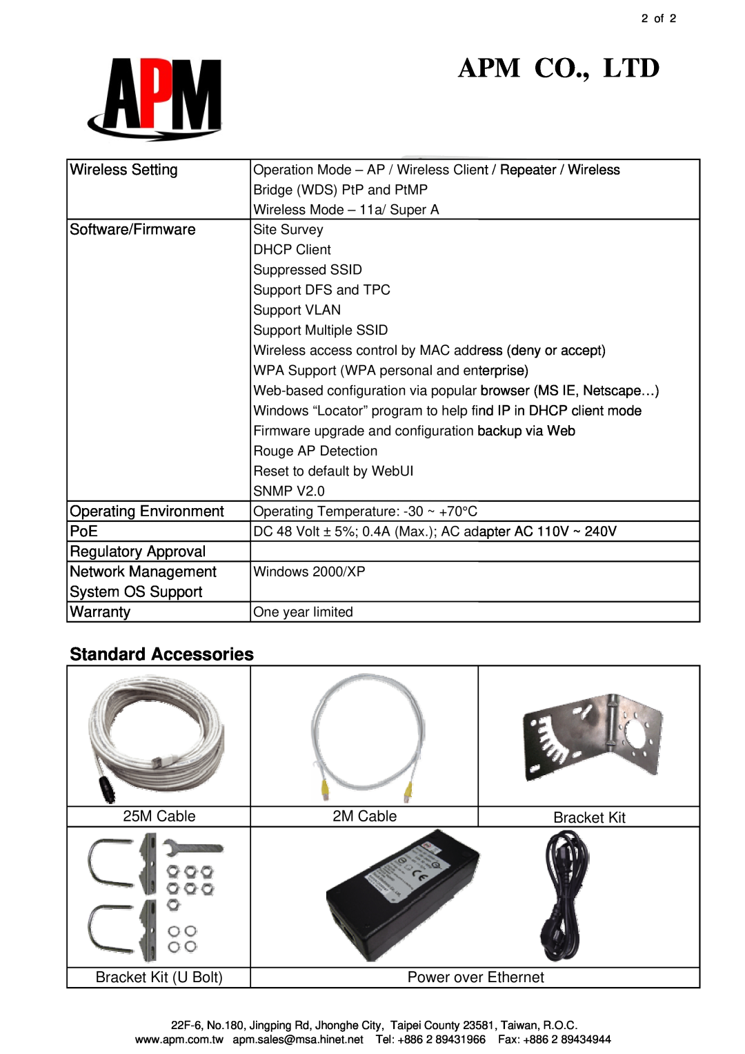 APM APE-502401a-1 specifications Standard Accessories 