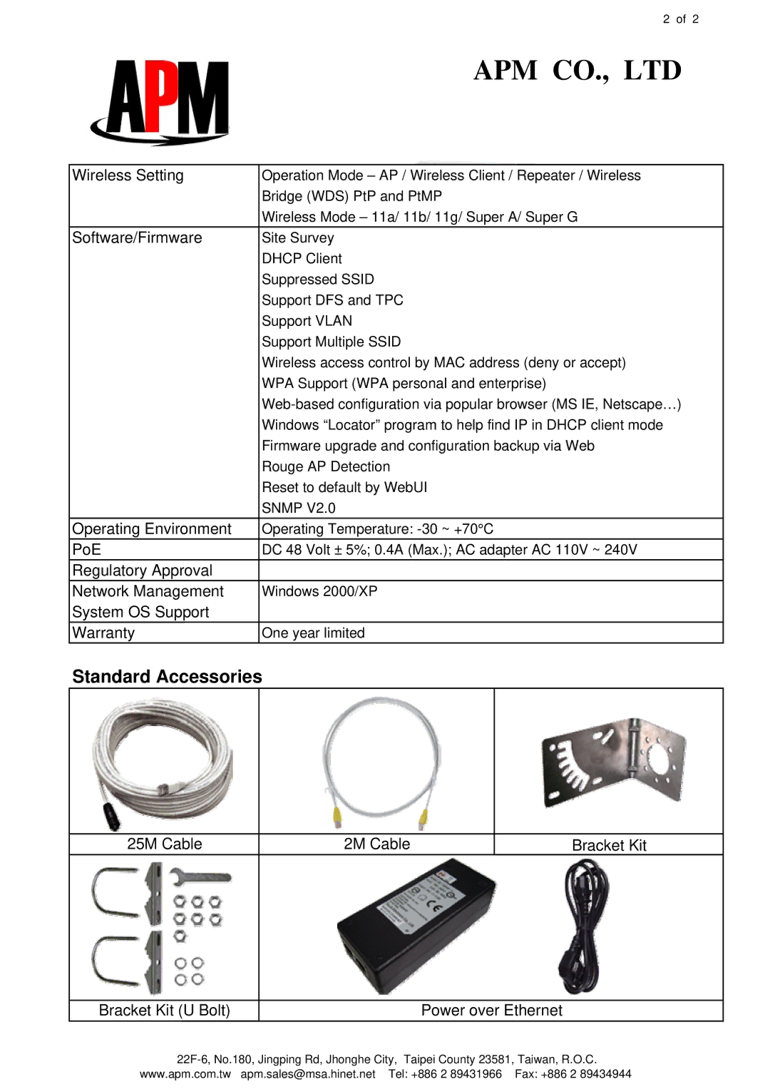 APM APE-502401abg specifications Standard Accessories 