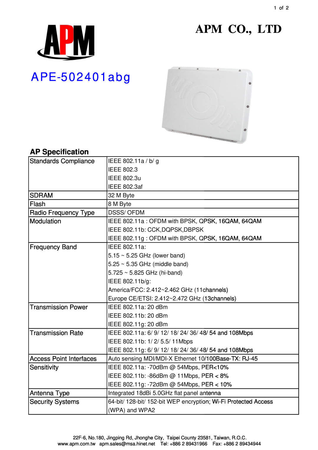 APM APE-502401abg specifications AP Specification 