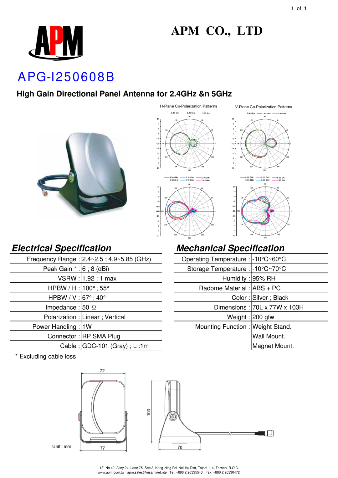 APM APG-I250608B dimensions Electrical Specification, Mechanical Specification 