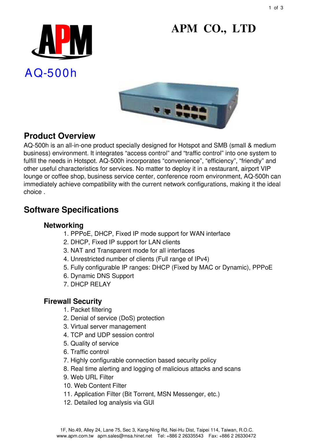 APM AQ-500h specifications Product Overview, Software Specifications, Networking, Firewall Security 