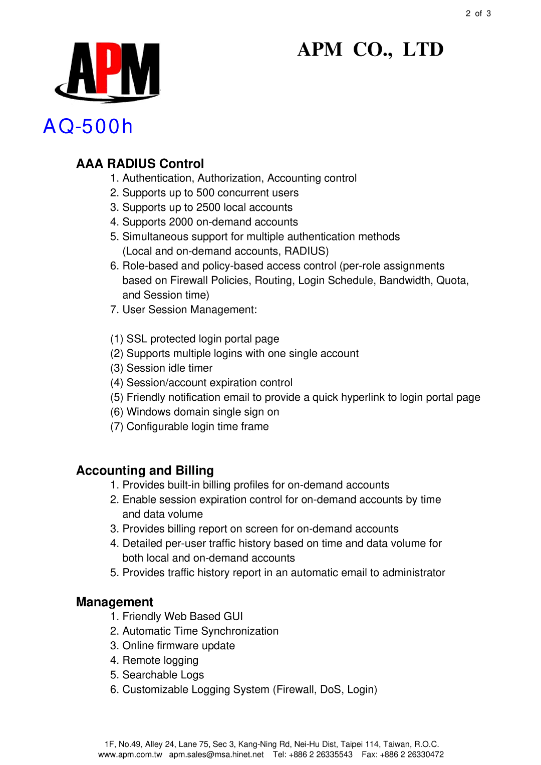 APM AQ-500h specifications AAA Radius Control, Accounting and Billing, Management 