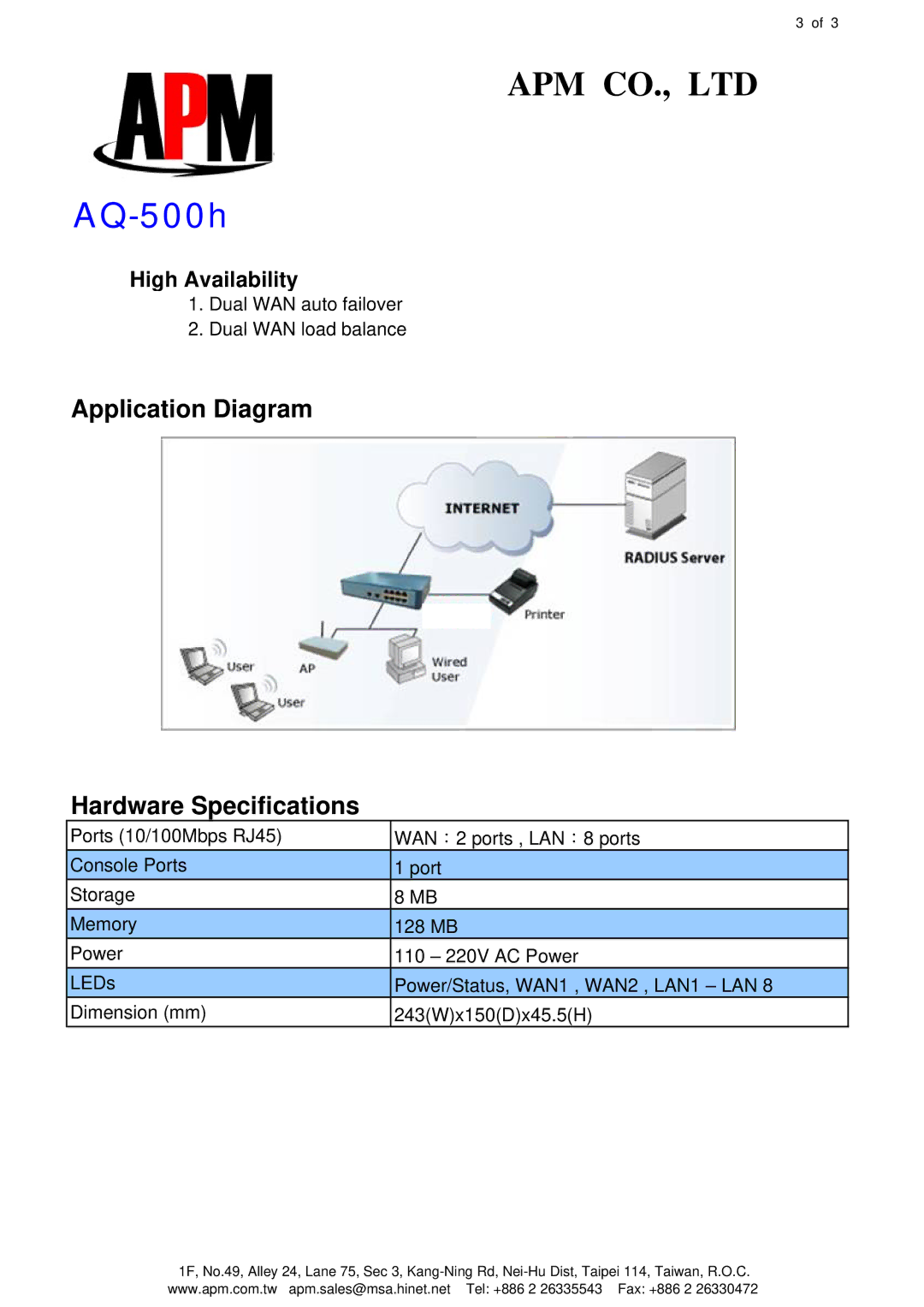 APM AQ-500h specifications Application Diagram Hardware Specifications, High Availability 