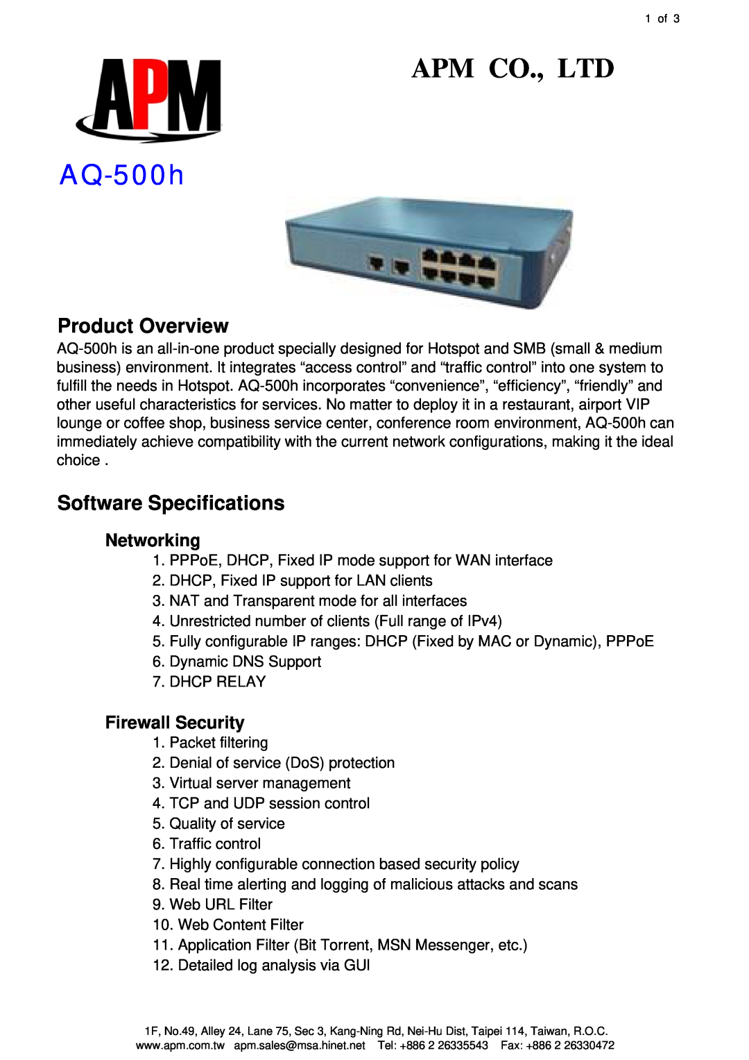 APM AQ-500h specifications Product Overview, Software Specifications, Networking, Firewall Security 