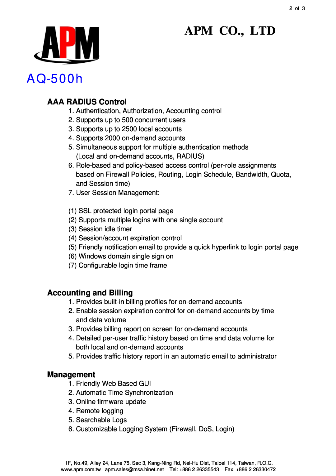 APM AQ-500h specifications AAA RADIUS Control, Accounting and Billing, Management 
