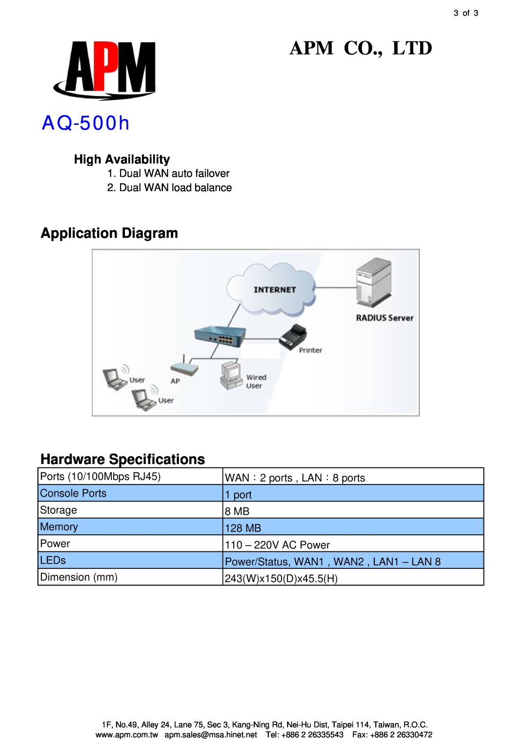 APM AQ-500h specifications Application Diagram Hardware Specifications, High Availability 