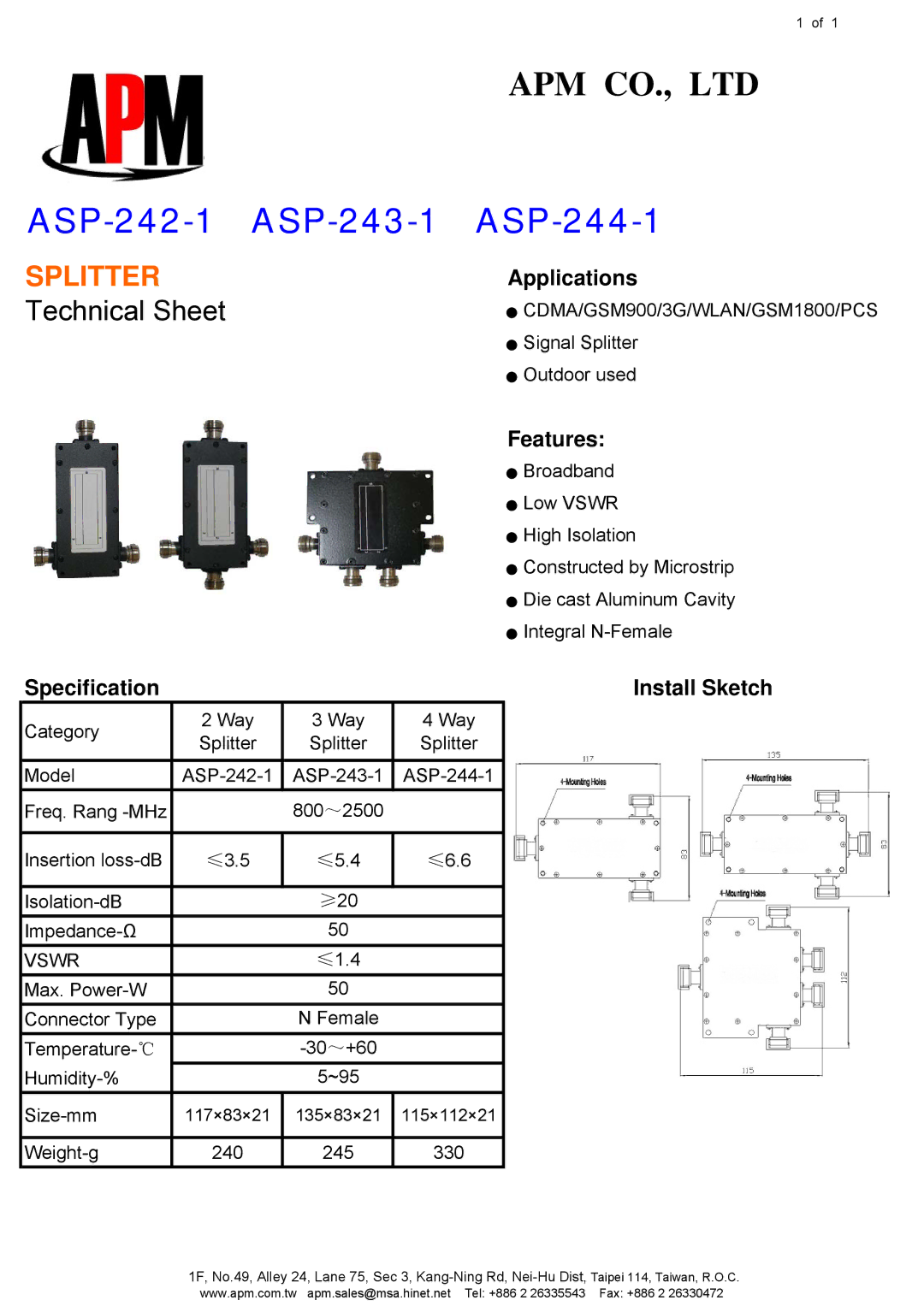 APM manual ASP-242-1 ASP-243-1 ASP-244-1, Splitter, Technical Sheet 