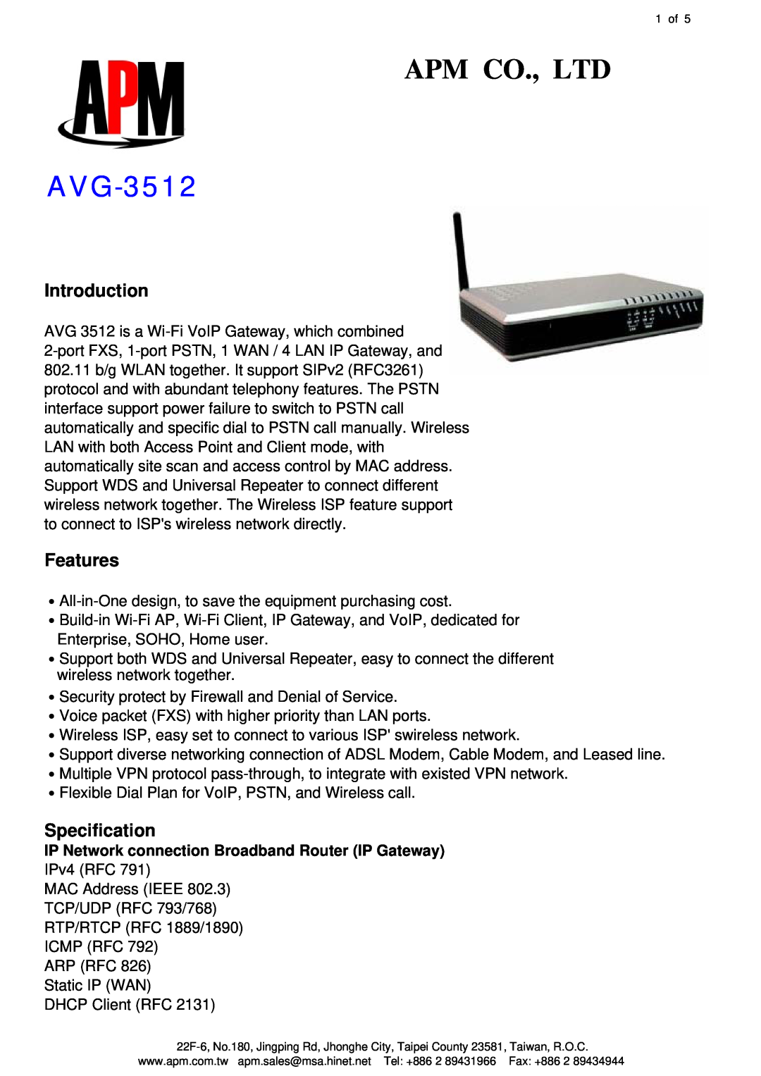 APM AVG-3512 manual Introduction, Features, Specification, IP Network connection Broadband Router IP Gateway 